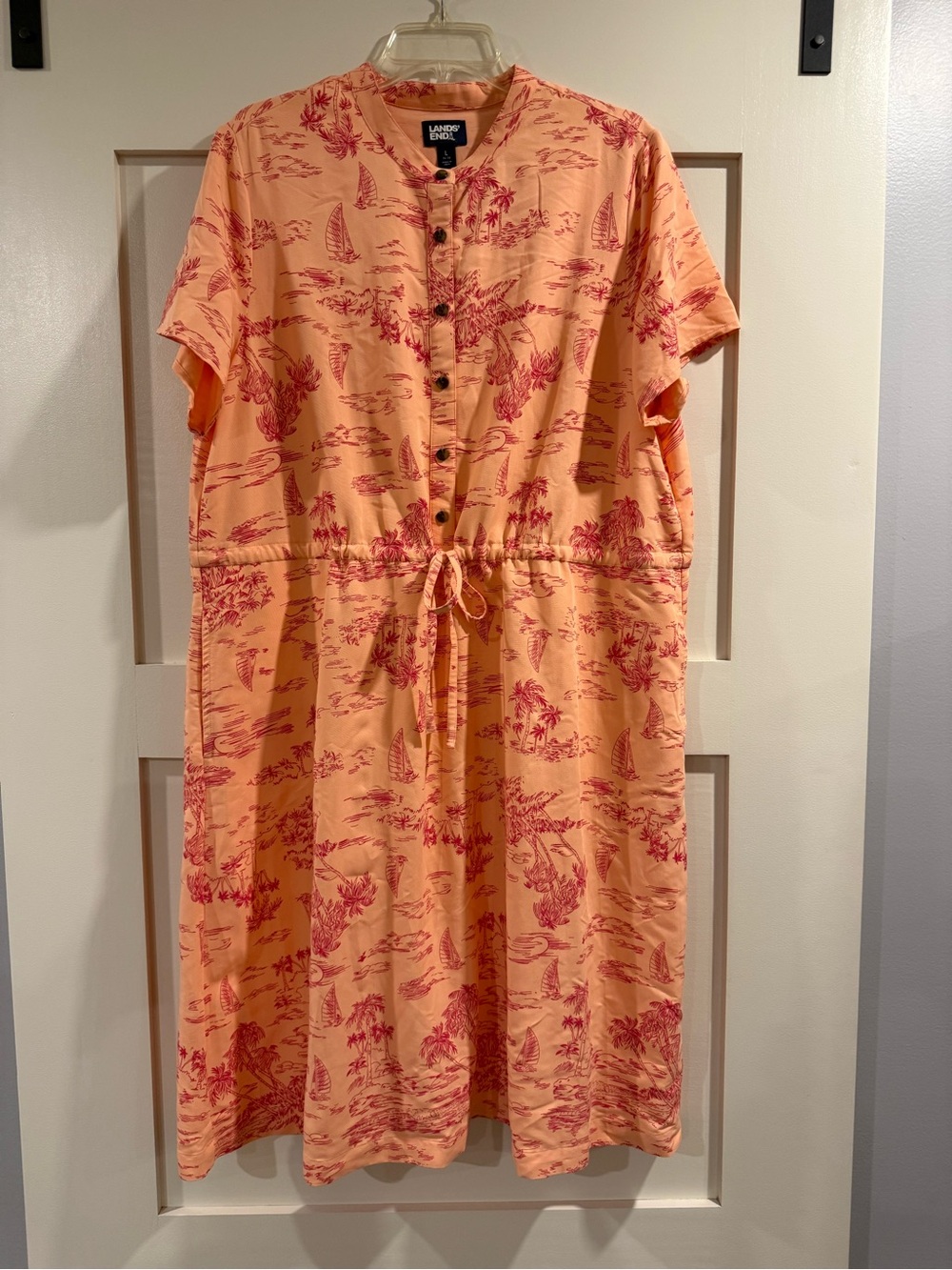 Lands' End Peach Dress with Red Scenic Print and Button Front